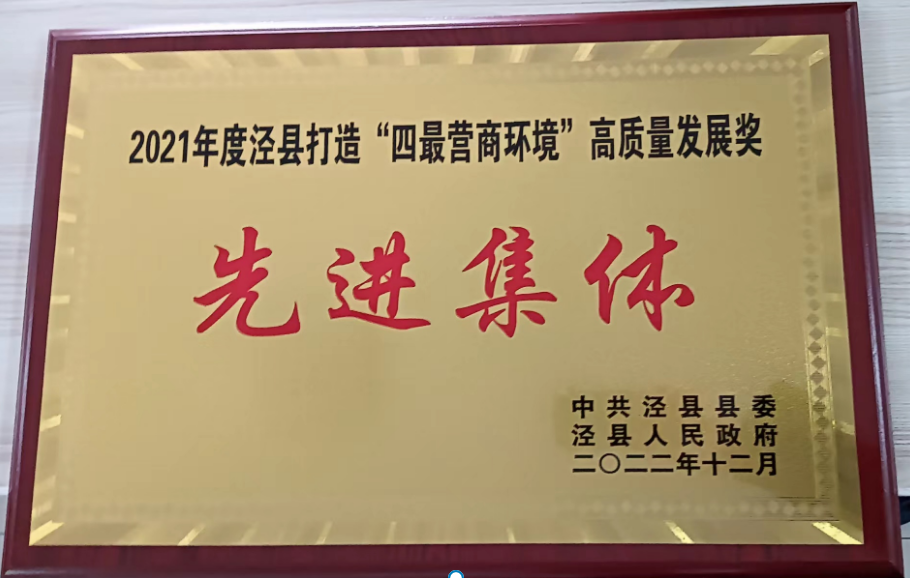 2021年度泾县打造“四最营商环境”高质量发展奖 先进集体
